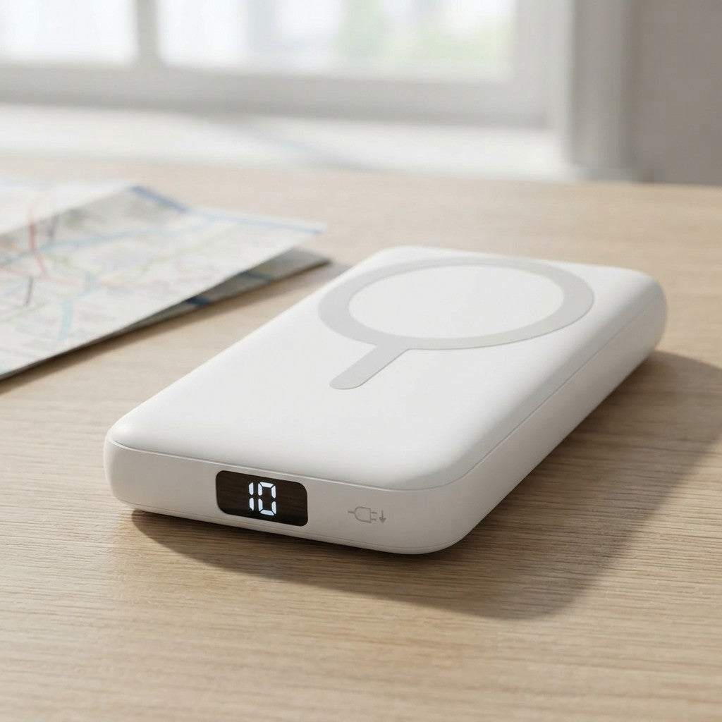 Magnetic portable charger showing its LED percentage display