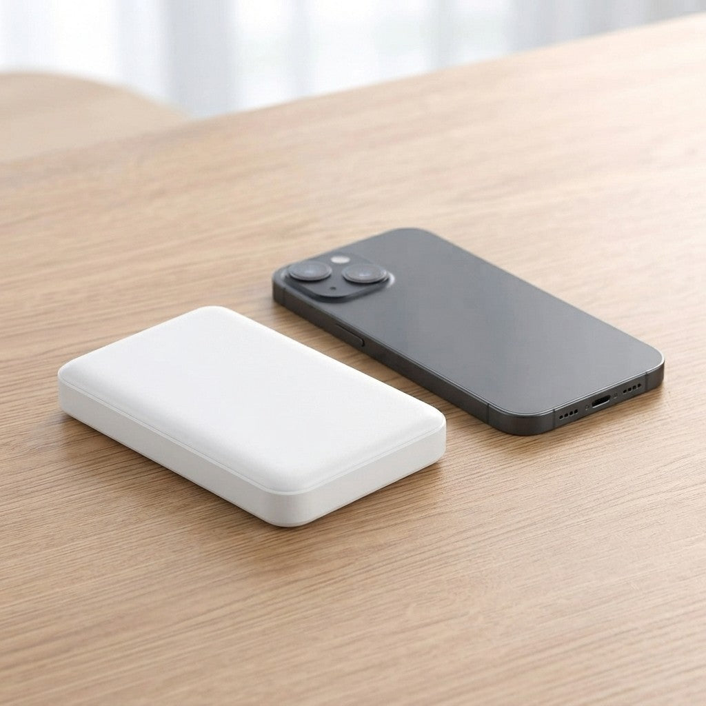 Slim magnetic power bank for iPhone lying flat on a desk