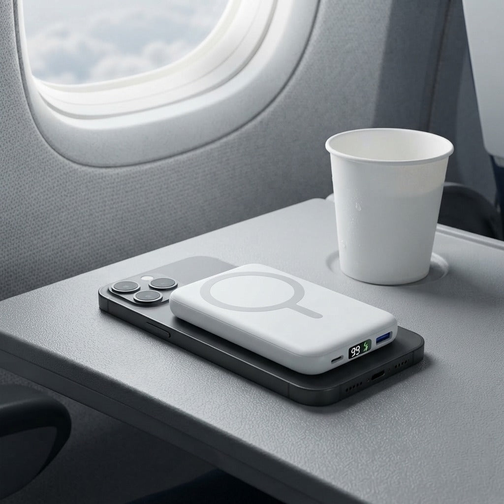 Magnetic power bank attached to a phone on an aircraft tray table