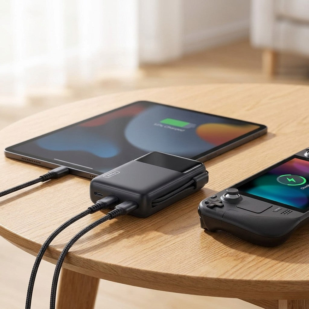 Mini power bank 10000mAh charging a tablet and a handheld console