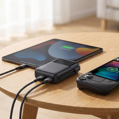 Mini power bank 10000mAh charging a tablet and a handheld console