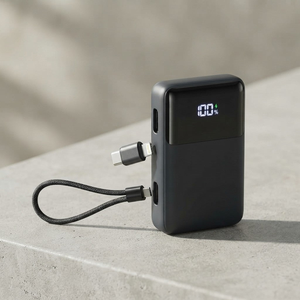 Mini power bank 10000mAh with its detachable USB-C lanyard cable