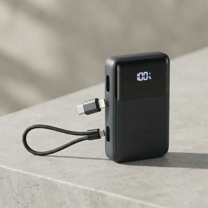Mini power bank 10000mAh with its detachable USB-C lanyard cable