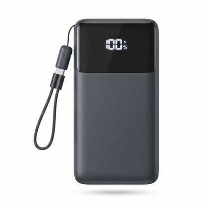 Mini power bank 10000mAh on a plain background with its lanyard cable