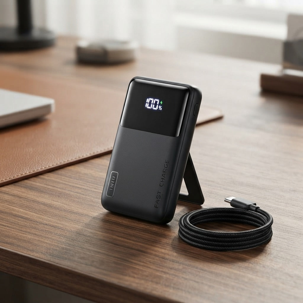 Mini power bank standing on its fold-out kickstand with the display lit