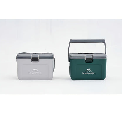 Cooler box in green and grey shown side by side