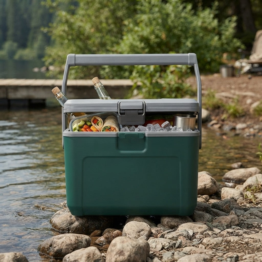 Cool box cooler open by a river showing food packed in ice