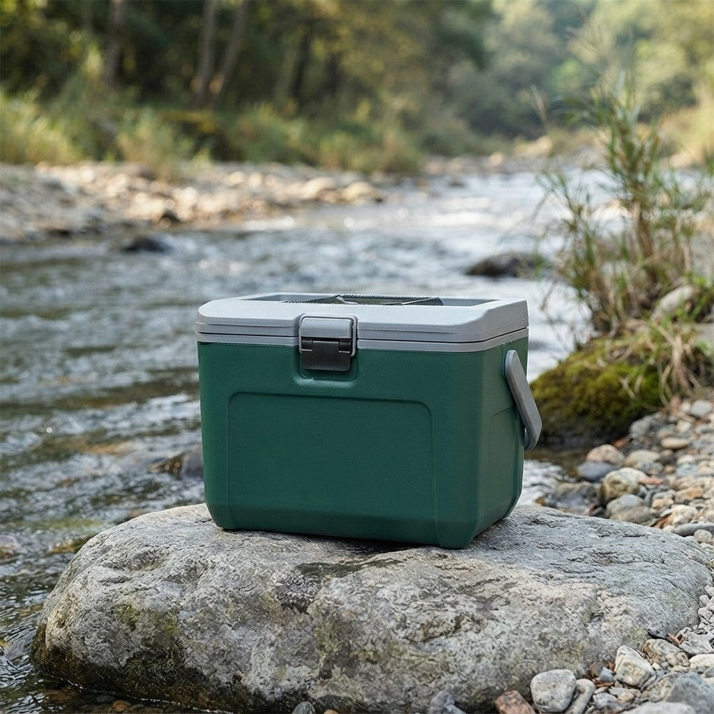 Ice cooler box carried one-handed by its moulded handle
