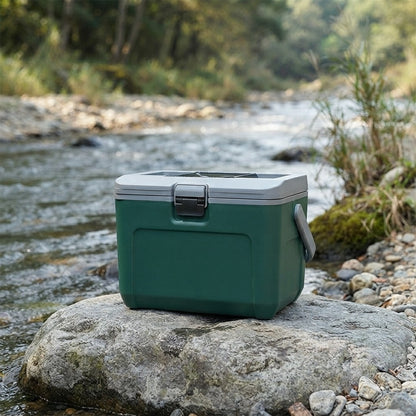 Ice cooler box carried one-handed by its moulded handle