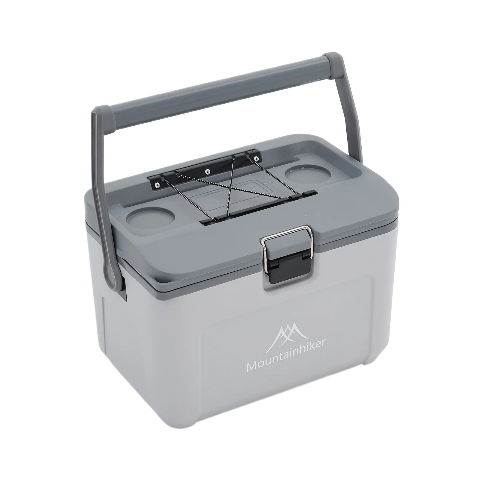 16L ice box in grey with the swing handle raised, on a plain white background