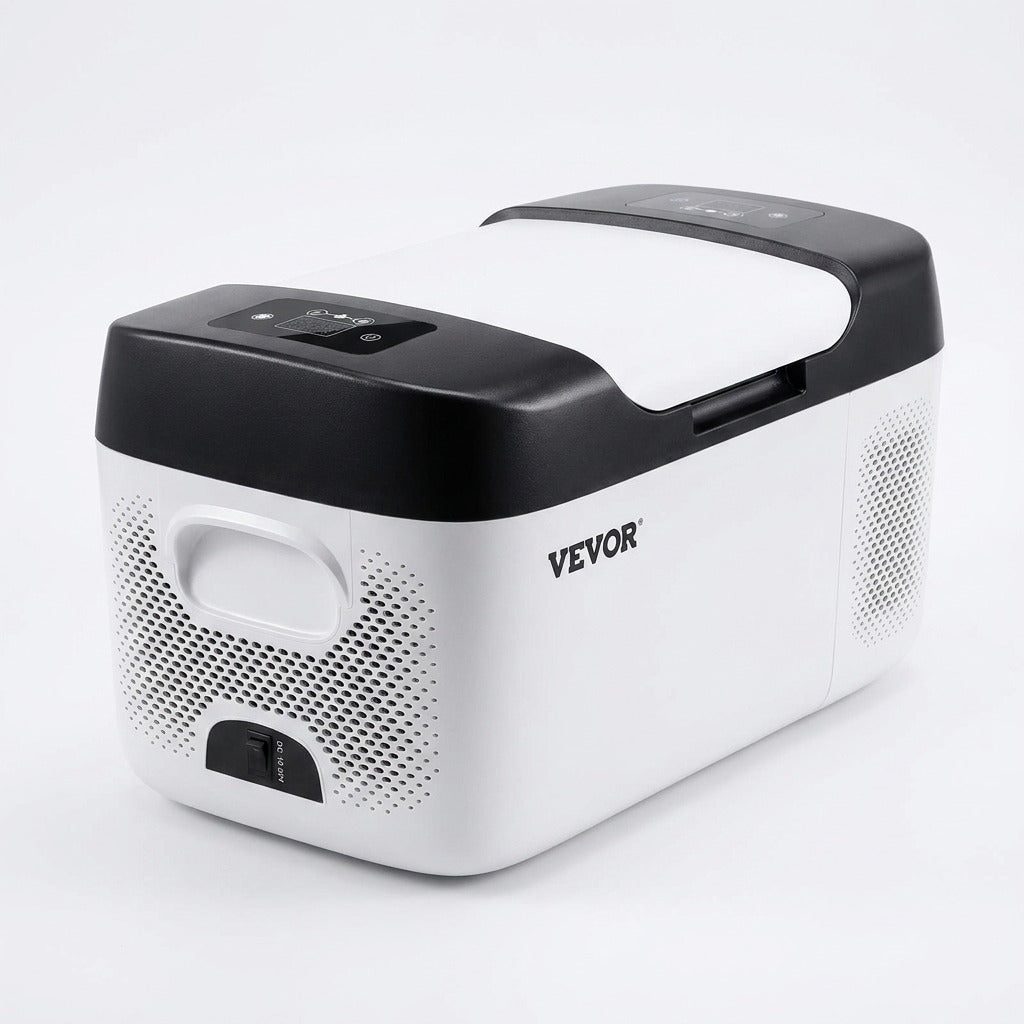 Portable electric cooler freezer in white and black on a plain white background