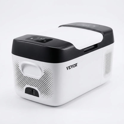 Portable electric cooler freezer in white and black on a plain white background