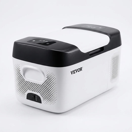 Portable electric cooler freezer in white and black on a plain white background