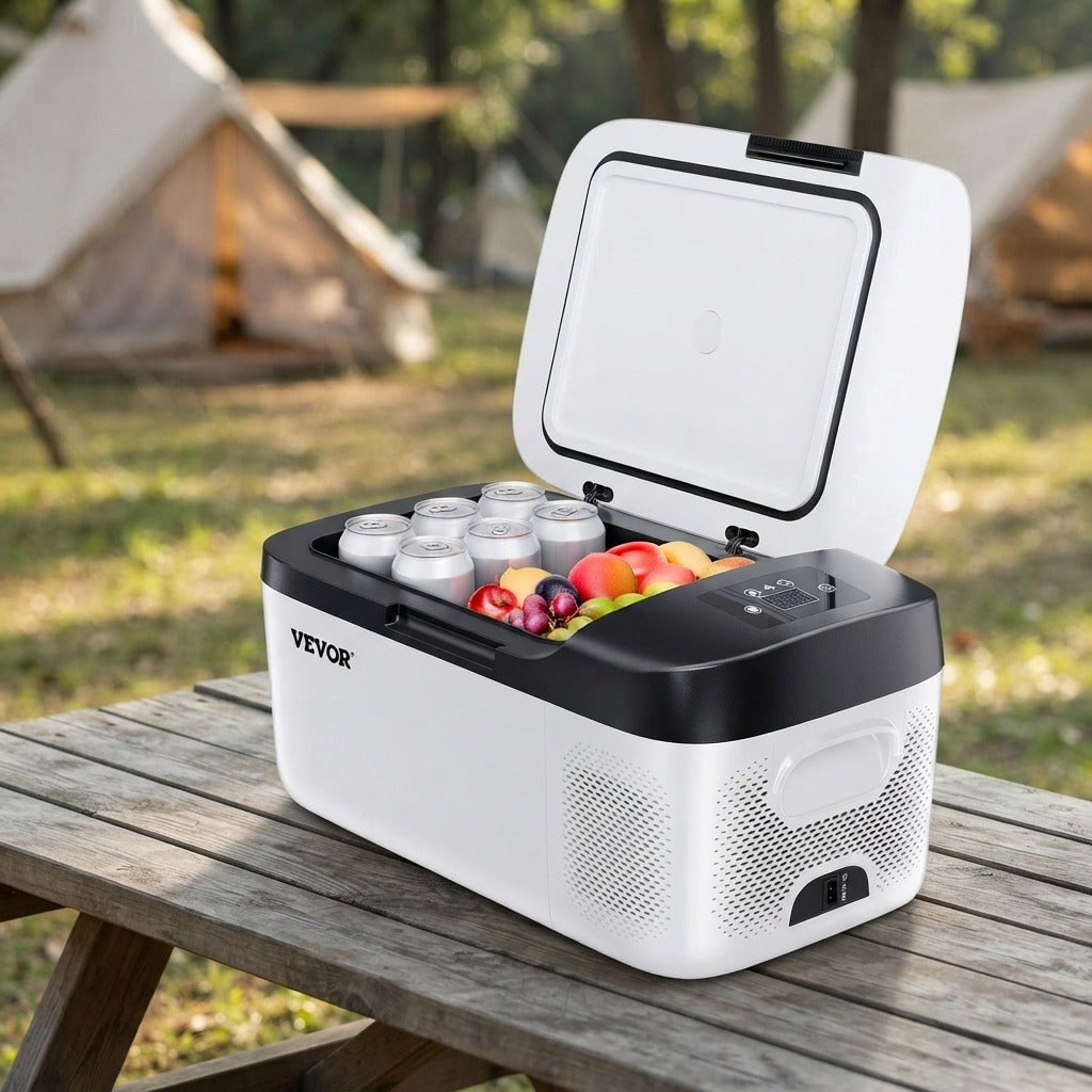 Compressor car fridge open at a campsite showing cans and fruit inside