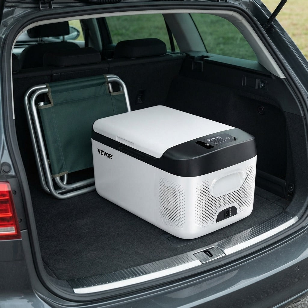 Portable electric cooler loaded in the boot of an estate car