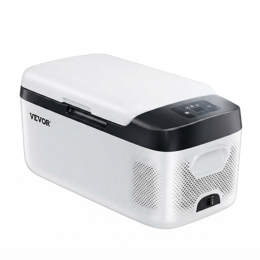 Portable electric cooler freezer with its digital control panel on the top edge
