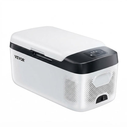 Portable electric cooler freezer with its digital control panel on the top edge