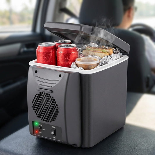 6L car cool box open in a vehicle with cold cans and hot food inside