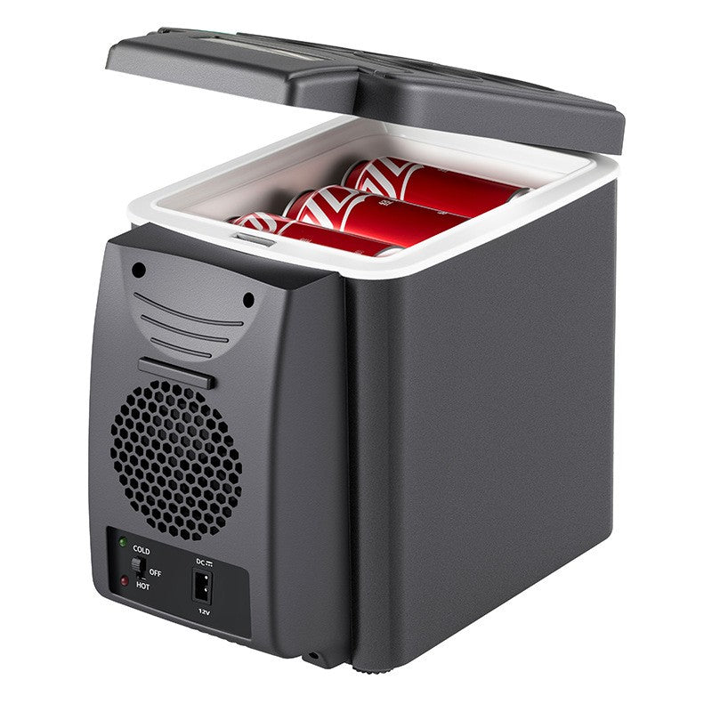 Portable car cooler open showing chilled cans and the cold-off-hot switch