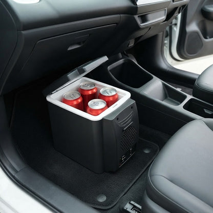 Car travel cooler sitting in the passenger footwell of a car