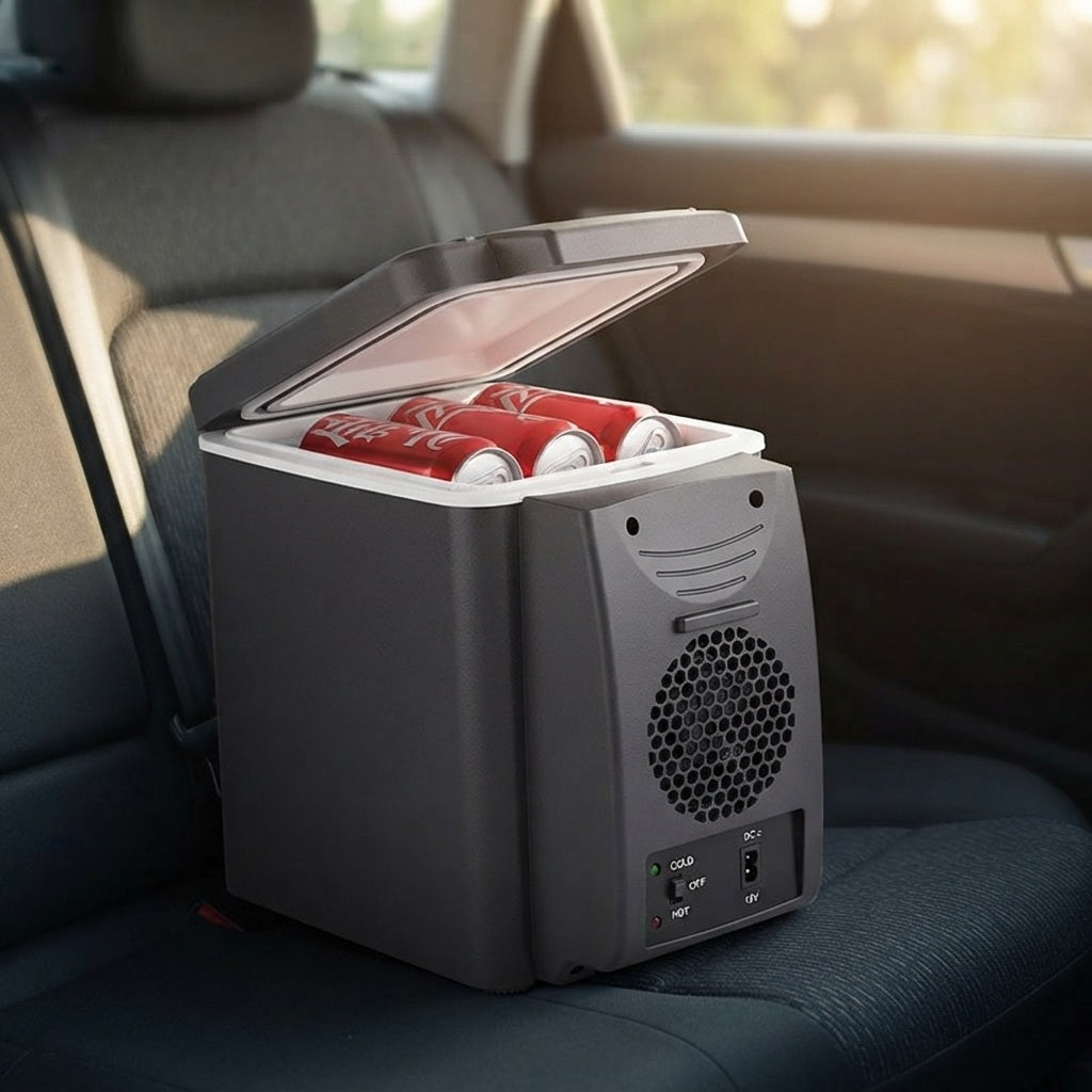 6L car cool box open on a back seat holding chilled cans