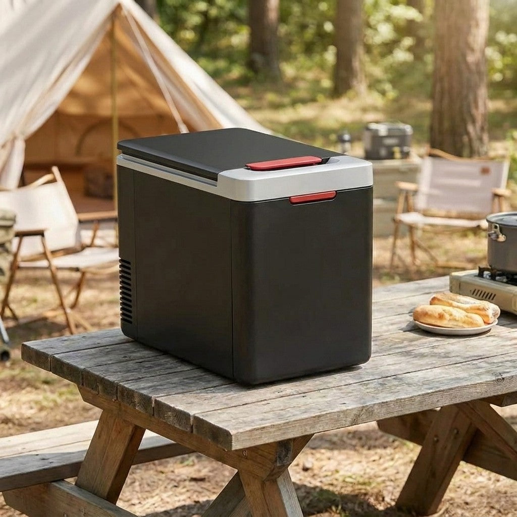 Electric cooler for camping standing on a picnic table beside a tent
