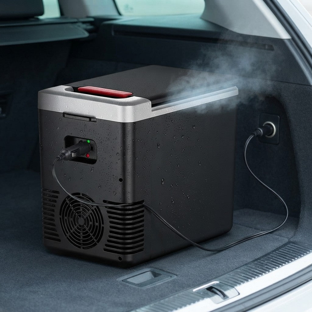 Camping cool box in a car boot plugged into the 12V socket