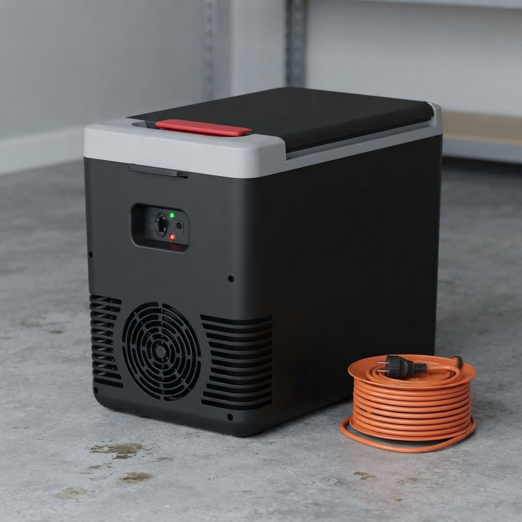 10L camping cool box switched off on a garage floor