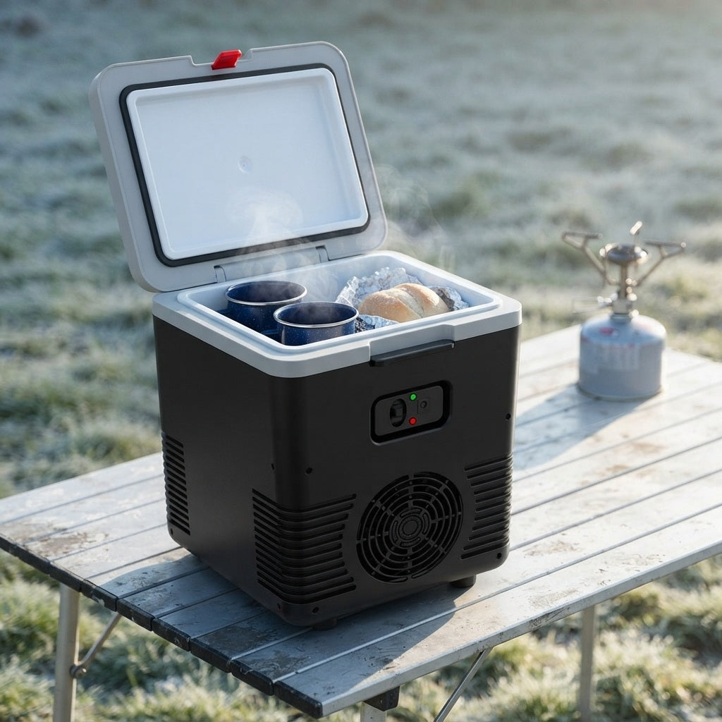 12V cool box warming mugs and food on a frosty camp table