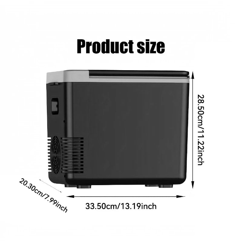 Dimension drawing of the cool box: 33.5 cm wide, 20.3 cm deep, 28.5 cm high