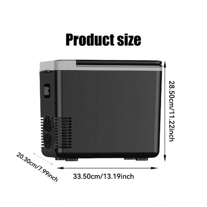 Dimension drawing of the cool box: 33.5 cm wide, 20.3 cm deep, 28.5 cm high