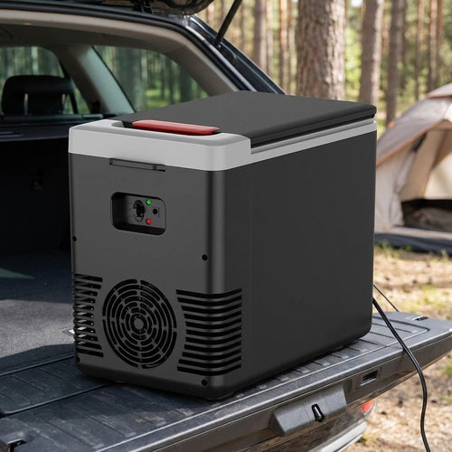 10L camping cool box closed on a car tailgate at a campsite