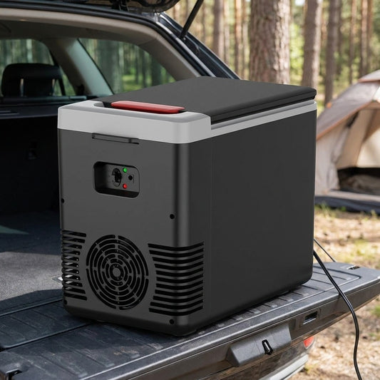 10L camping cool box closed on a car tailgate at a campsite