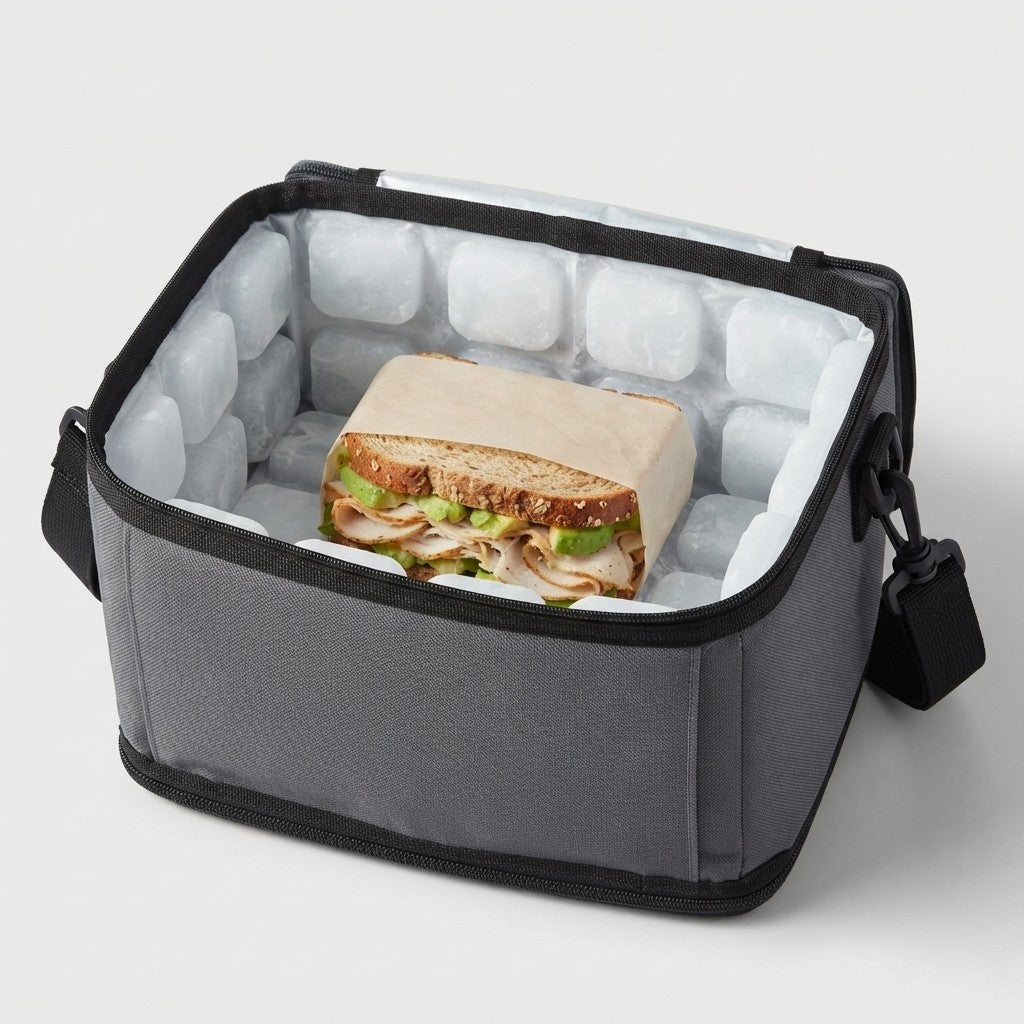 Insulated cooler lunch bag holding a sandwich between the ice panels