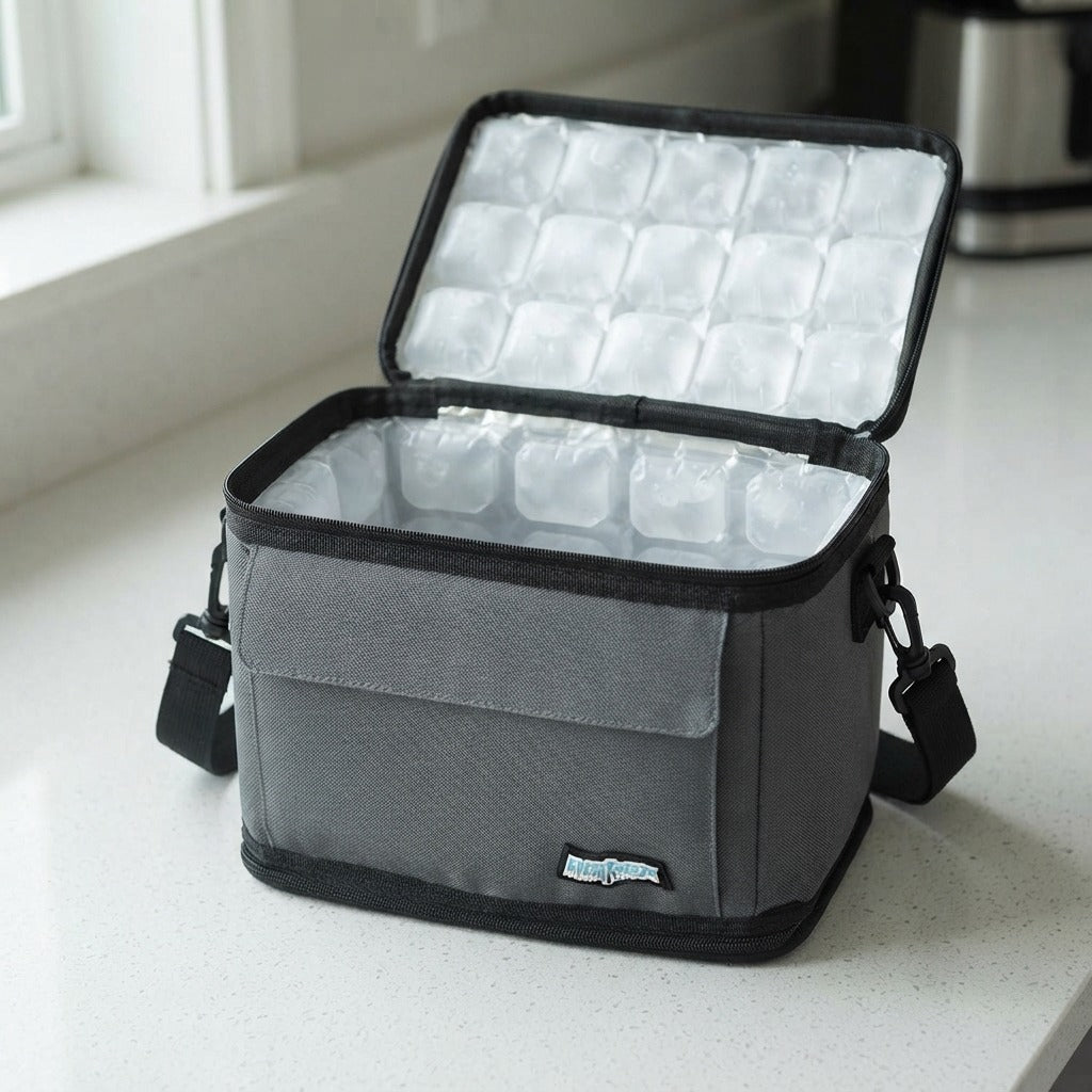 Freezable lunch cooler bag open on a worktop showing ice panels on every wall