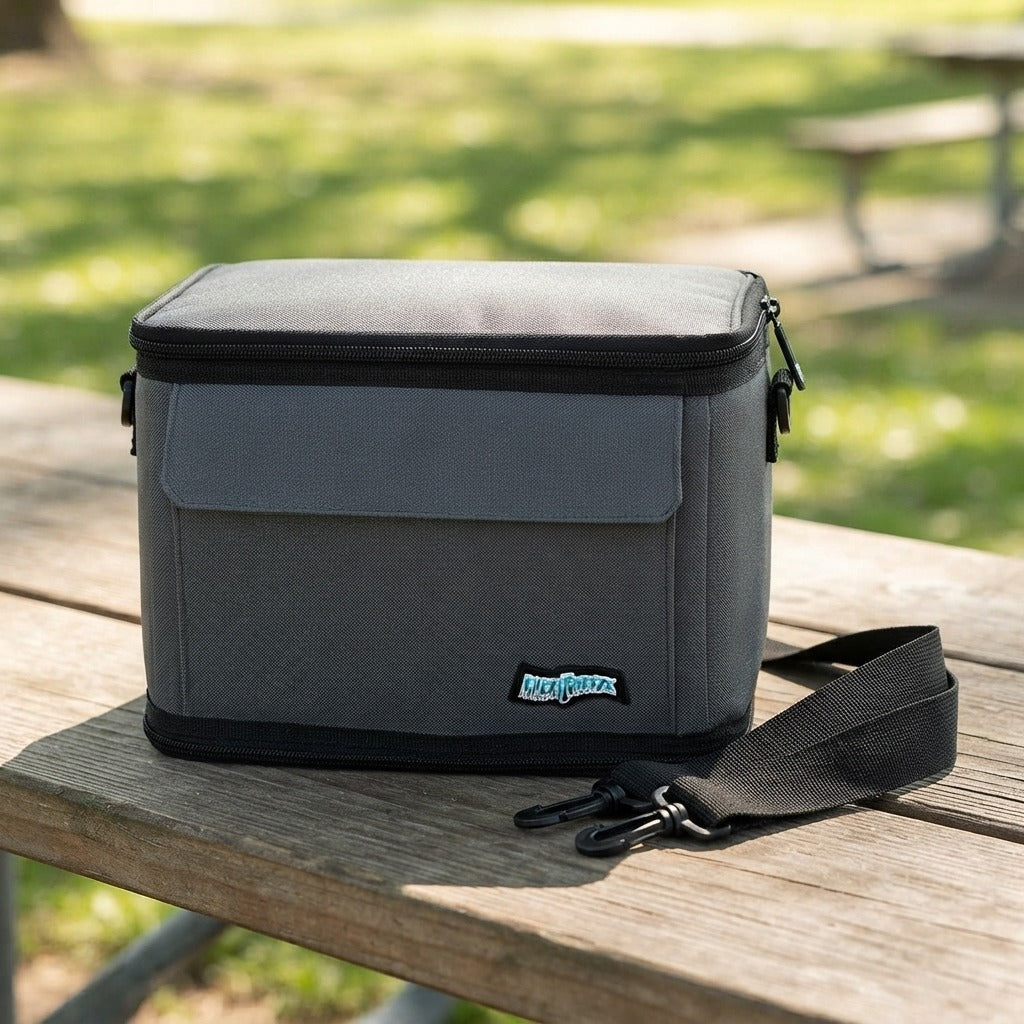 Soft cooler lunch bag zipped shut on a picnic table with the strap alongside