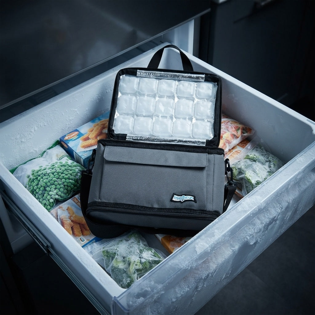 freezable lunch cooler bag lying inside an open freezer drawer