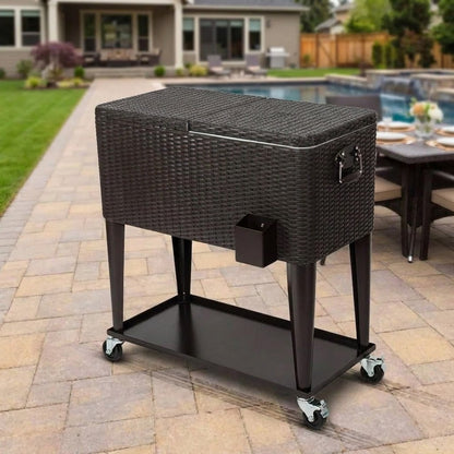 Patio ice chest on wheels standing on a paved patio with the lid closed