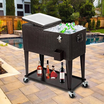 Rolling ice cooler cart open and filled with ice beside a pool