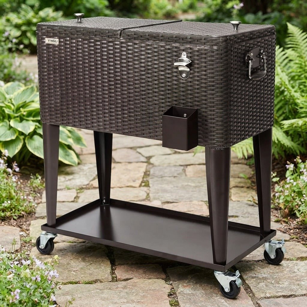 Patio ice cooler cart on a garden path showing the four casters and lower tray