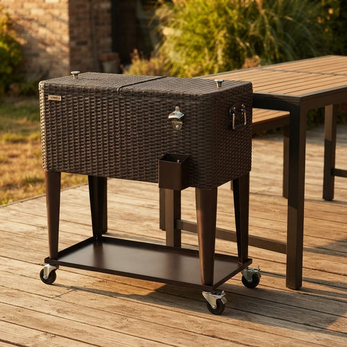 Rolling ice chest standing on a deck beside an outdoor table of similar height