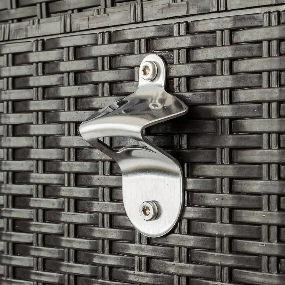 Close view of the stainless bottle opener fixed to the woven side panel