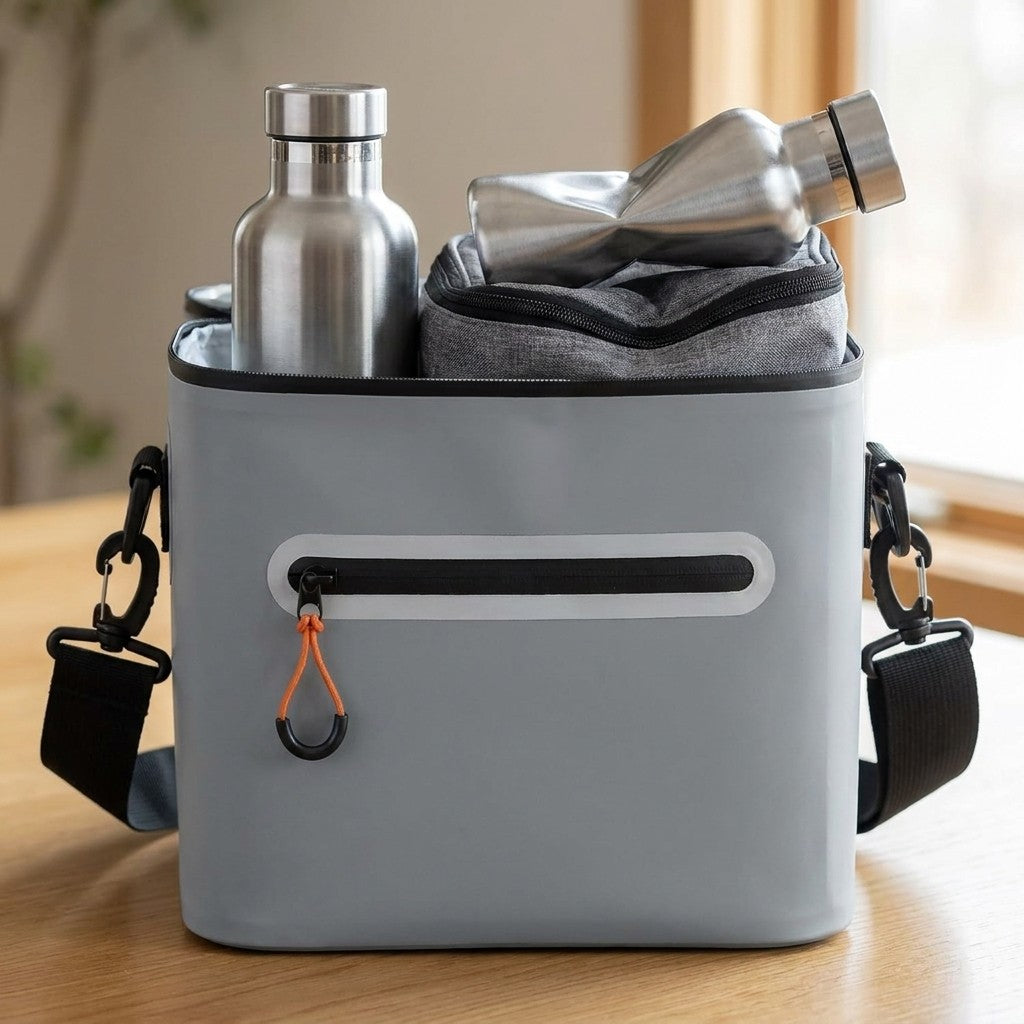 Lunch cooler bag open on a table holding two bottles and a packed lunch