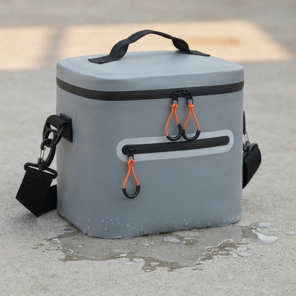 Cooler for lunch box standing on wet ground with water beaded on the outer