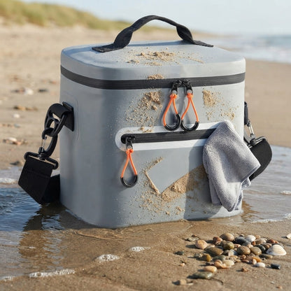 Lunch cooler bag set down on wet sand with the sand brushing off