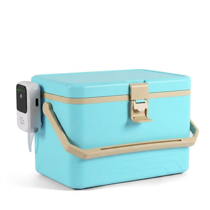 Live bait cooler box in light blue with the air pump docked on the side
