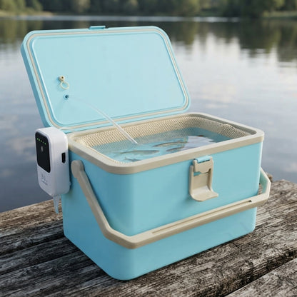 Aerated bait bucket open on a wooden jetty with the pump running