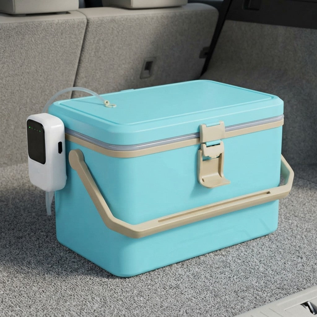 Insulated bait cooler box sealed and loaded in the back of a vehicle