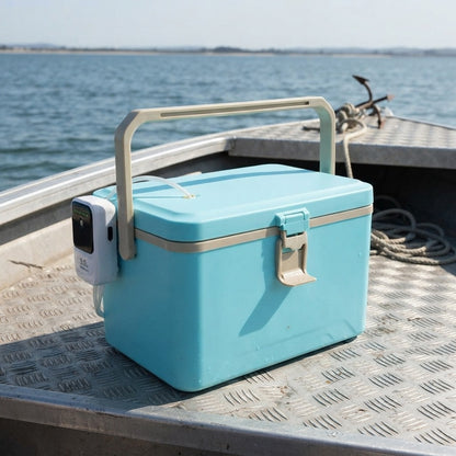 Bait cooler box carried by its handle on a fishing boat deck