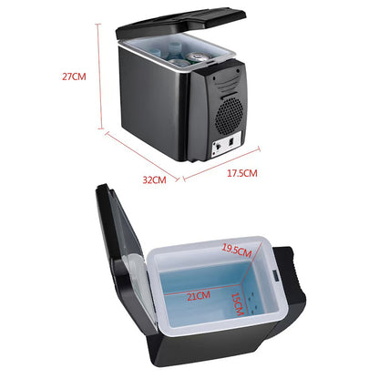 Dimension drawing of the 12v cool box: 32 x 17.5 x 27 cm, interior 21 x 15 x 19.5 cm